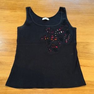 Calvin Klein Size M Black Beaded Floral Resort Tank Top ~Pairs With Everything ~